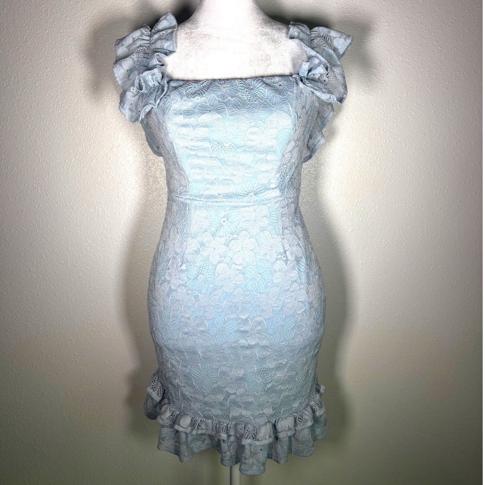 Blue Floral Lace Ruffle Sky Coquette Floral Mini Dress Small Here Comes The Sun